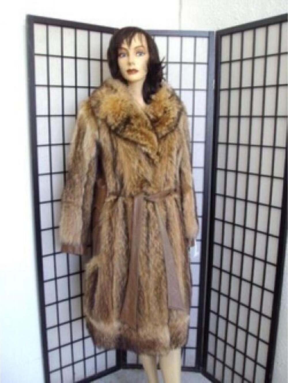 ~MINT NATURAL TANUKI RACCOON RACOON FUR & LEATHER COAT JACKET WOMEN WOMAN Sz 4-6